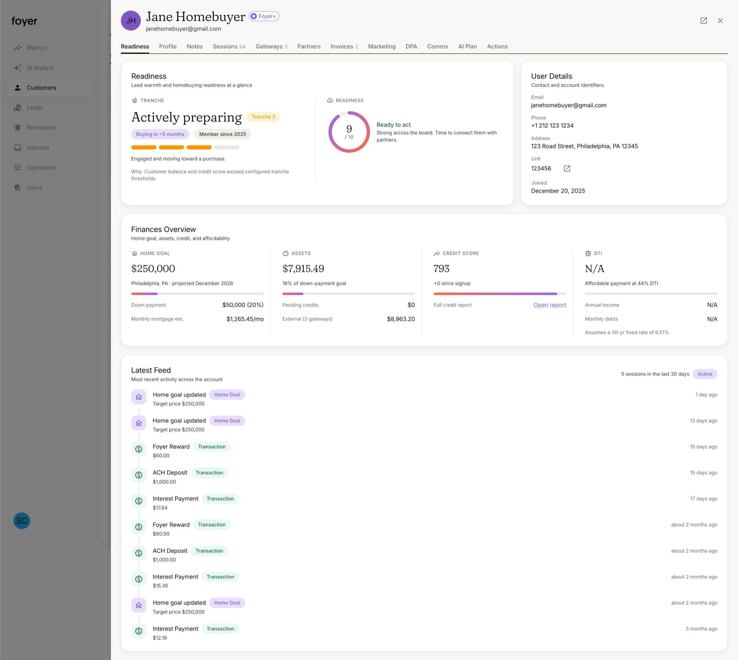 Home advisor dashboard showing a member's readiness, finances, and activity feed